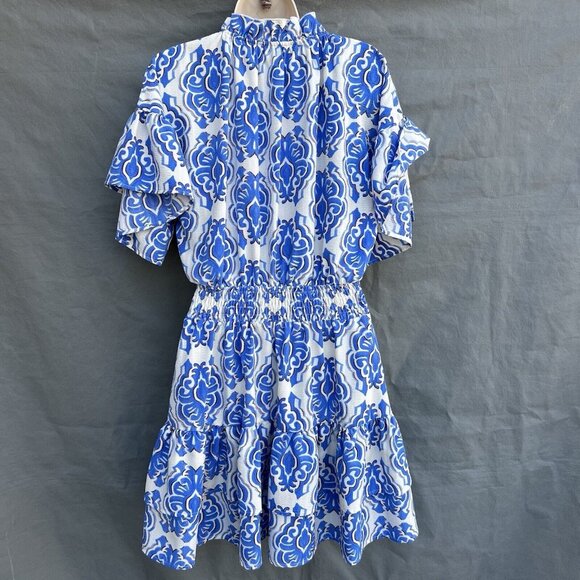 ENTRO Blue White Mini Dress Tiered Spring Easter Short Sleeve Sz M Vacation - Picture 2 of 6